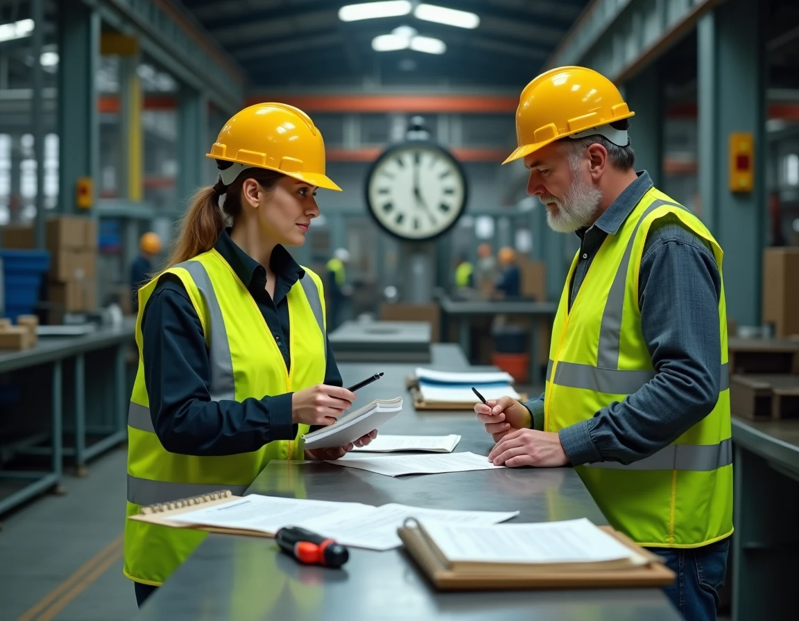 Passation de consignes entre deux collègues lors du changement d'équipe en usine, moment clé pour les débutants en horaires 5x8