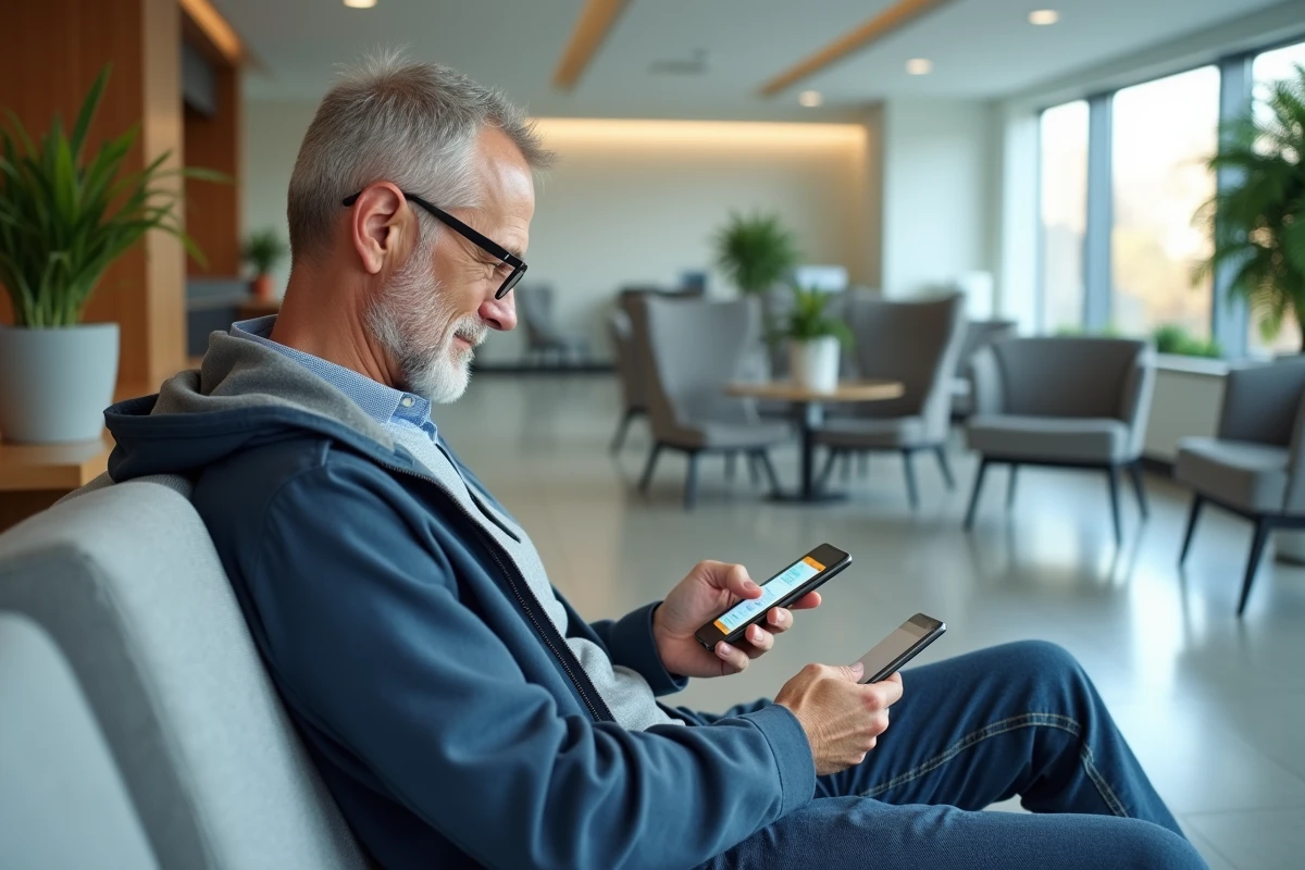Patient prenant rendez-vous médical en ligne sur son smartphone dans la salle d'attente d'un cabinet médical