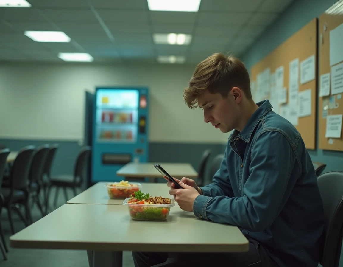 Salarié débutant en équipe 5x8 gérant sa pause repas tôt le matin dans une salle de pause d'entreprise, avec une application de gestion du sommeil ouverte