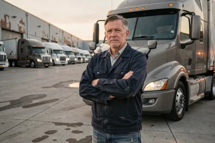 Portrait d'un transporteur routier expérimenté devant une semi-remorque dans un dépôt logistique industriel