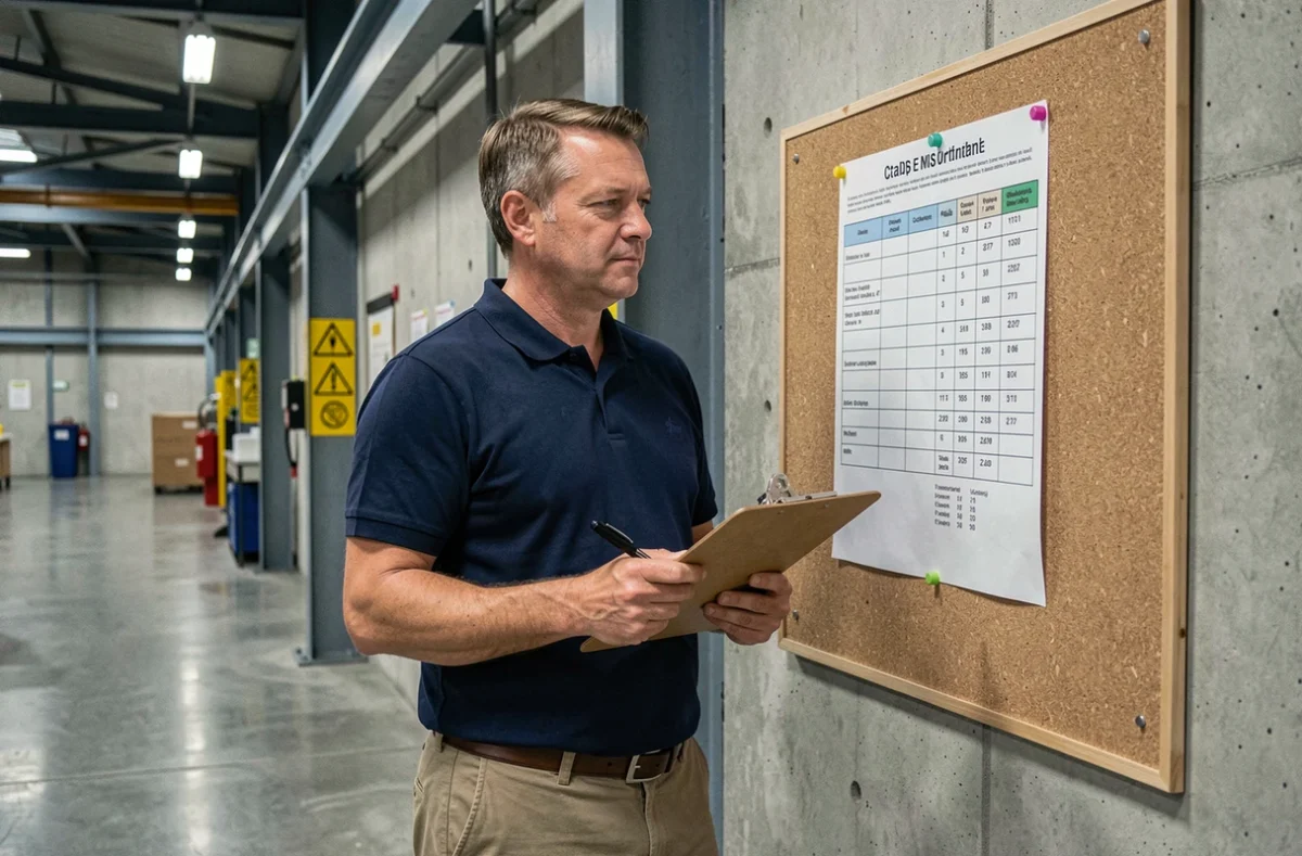 Ouvrier cadre en milieu industriel consultant un planning de travail pour gérer congés et heures supplémentaires