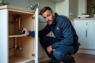 Plombier professionnel en uniforme inspectant des tuyaux en cuivre sous un évier dans une cuisine moderne