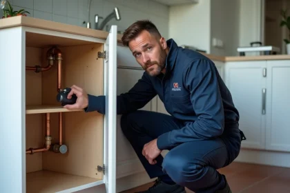 Plombier professionnel en uniforme inspectant des tuyaux en cuivre sous un évier dans une cuisine moderne
