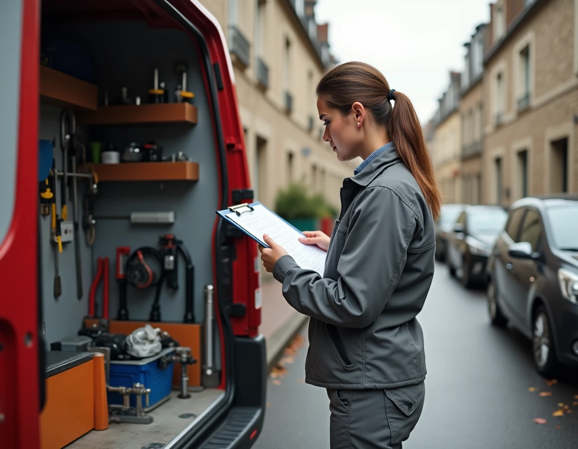 Plombière professionnelle consultant une facture devant son van d'outillage dans une rue résidentielle française