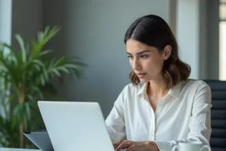 Femme utilisant un logiciel de paie sur son ordinateur portable au bureau lors d'une première connexion à mySilae