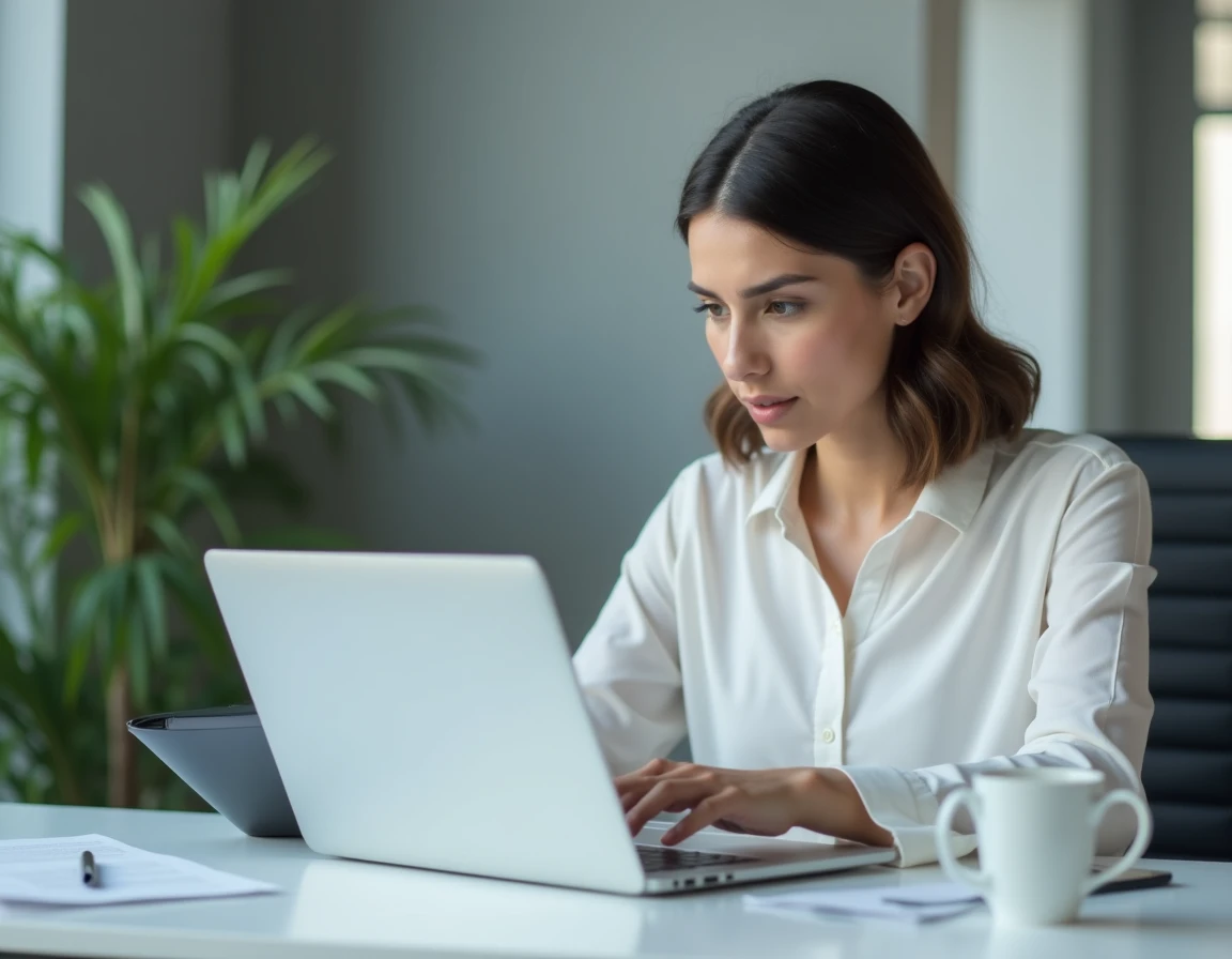 Femme utilisant un logiciel de paie sur son ordinateur portable au bureau lors d'une première connexion à mySilae
