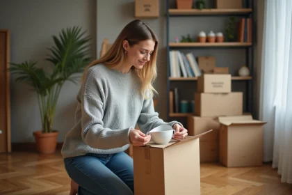 Femme préparant des cartons de déménagement avec soin dans un salon en cours de déballage