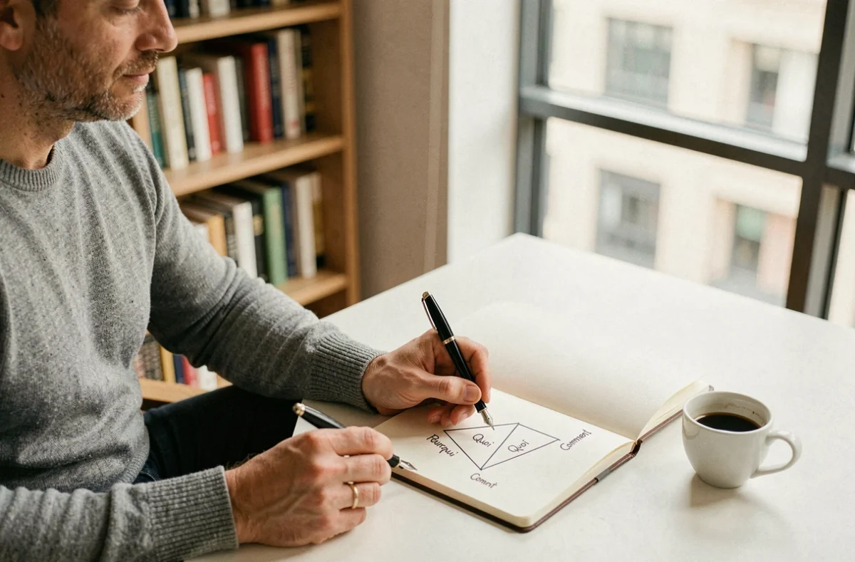 Homme prenant des notes sur le schéma Why What How dans un bureau à domicile avec carnet et stylo plume