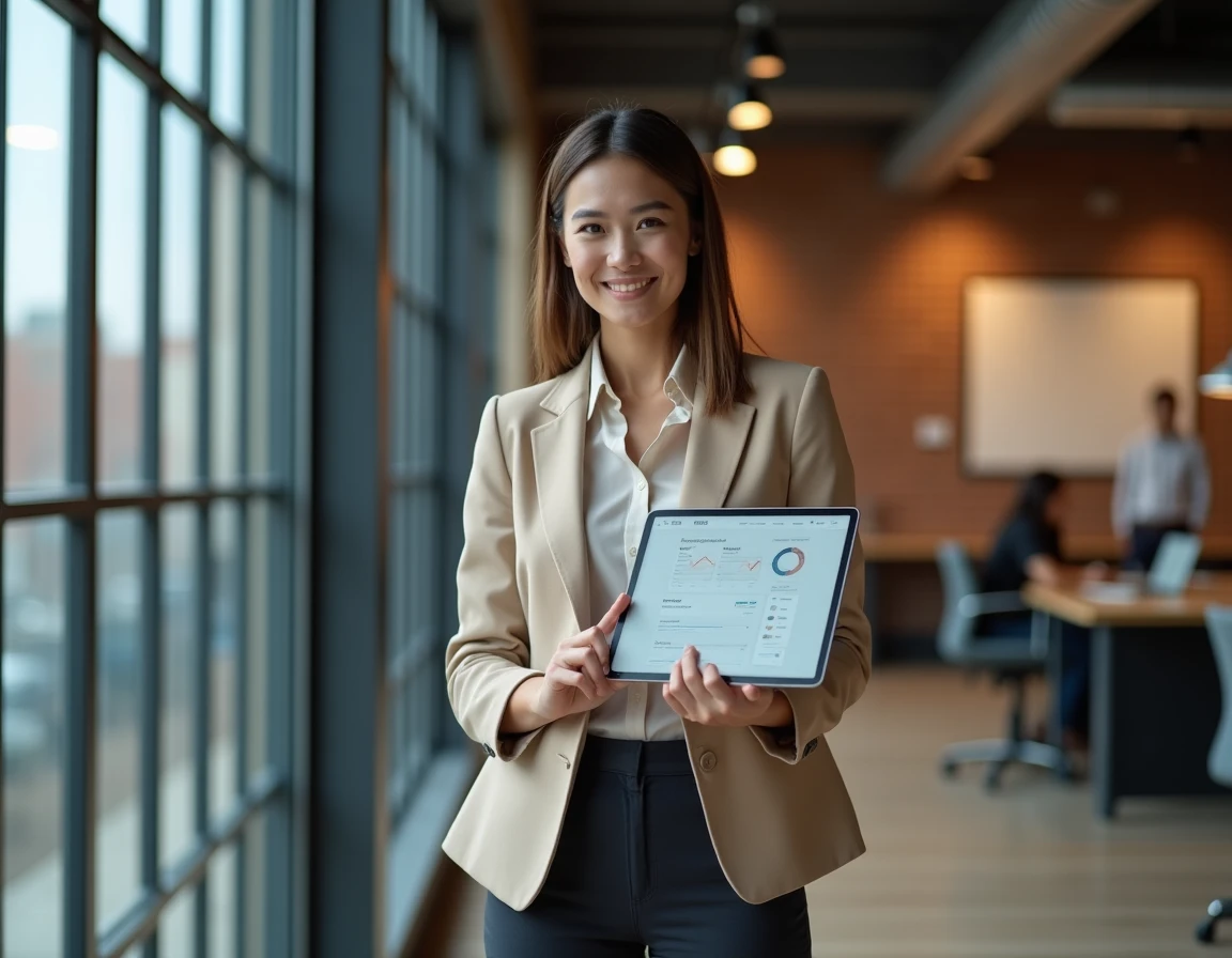 Une professionnelle de l'assurance juridique consulte un tableau de bord numérique sur tablette dans un espace de travail moderne de type startup, symbolisant l'innovation de Brigyt