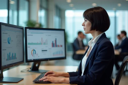 Professionnelle RH analysant des tableaux de bord logiciels RH sur double écran dans un bureau moderne