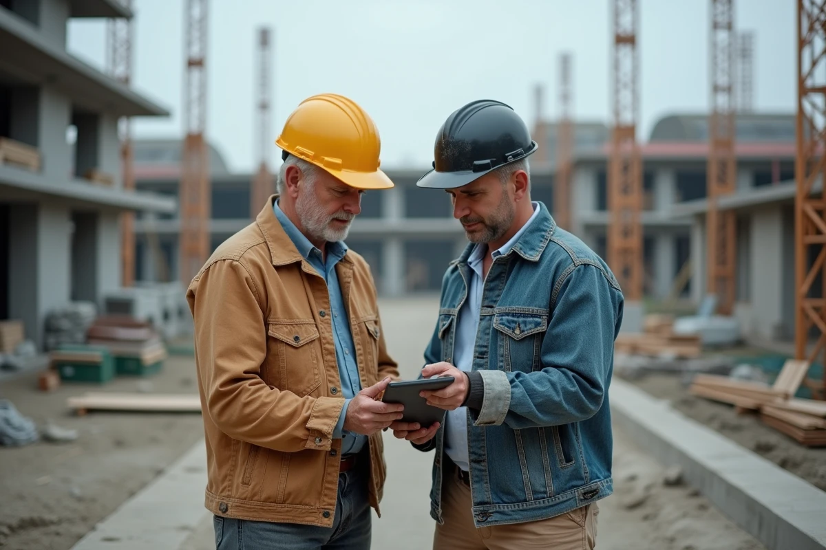 Deux professionnels du BTP consultant un tableau de bord de gestion financière de chantier sur tablette en extérieur