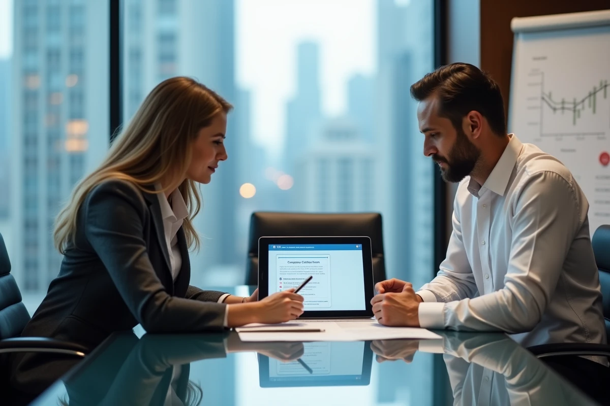 Deux professionnels consultant un portail de vérification DUNS avant signature de contrat