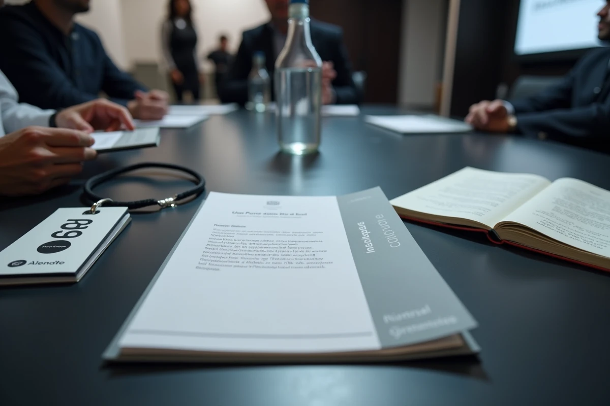 Détail d'un programme imprimé de l'événement Lesentreprisesfrenchy 2026 posé sur une table de conférence avec un badge et des notes manuscrites