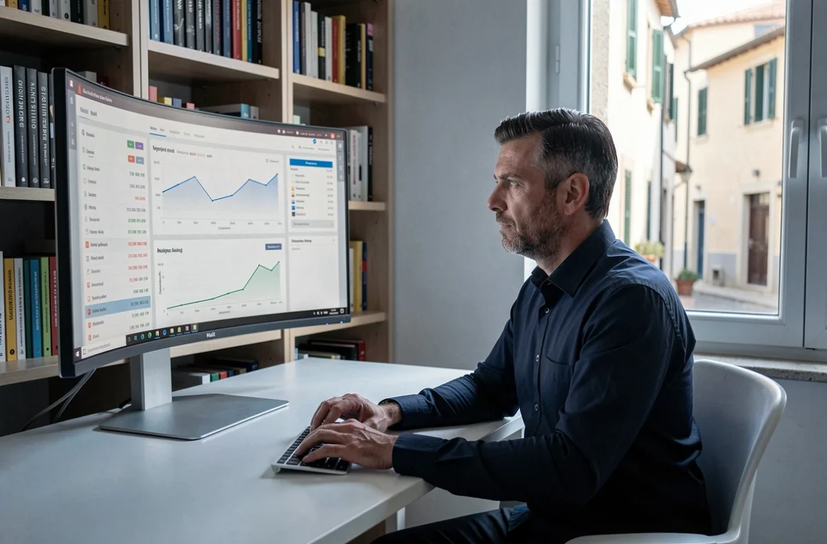 Expert SEO et stratégie web de l'agence Rank analysant des tableaux de classement et d'audit de site dans un bureau organisé à Nice
