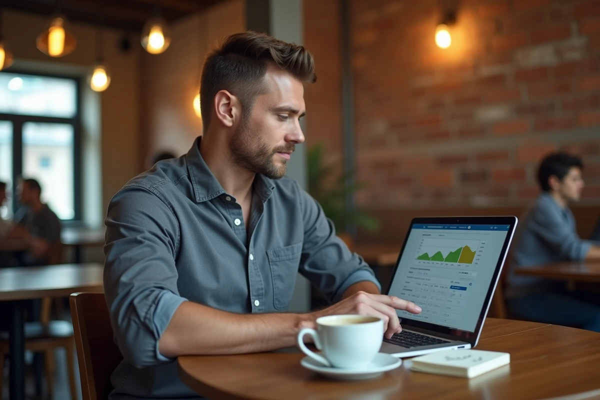 Homme consultant des informations légales d'entreprise sur un ordinateur portable dans un café urbain