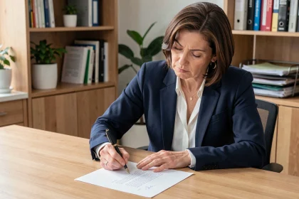 Femme professionnelle rédigeant une lettre de demande d'ASP à son bureau à domicile