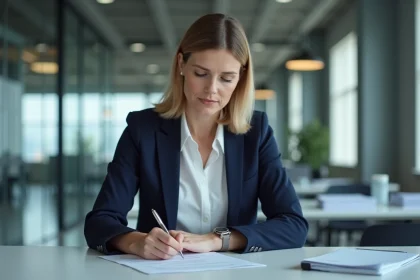Femme cadre rédigeant une note de service professionnelle dans un bureau moderne