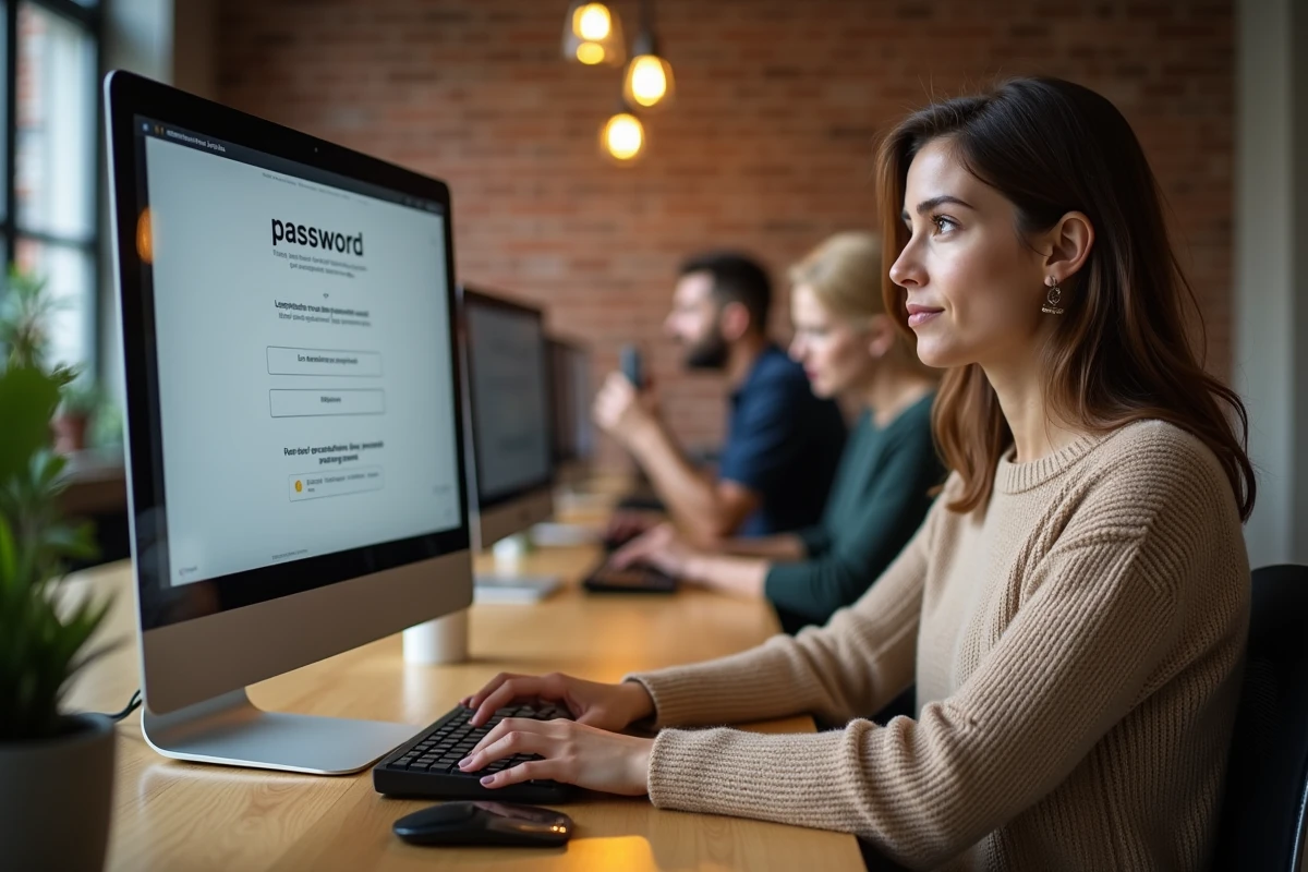 Femme réinitialisant son mot de passe MyPeopleDoc sur un ordinateur de bureau dans un espace de coworking
