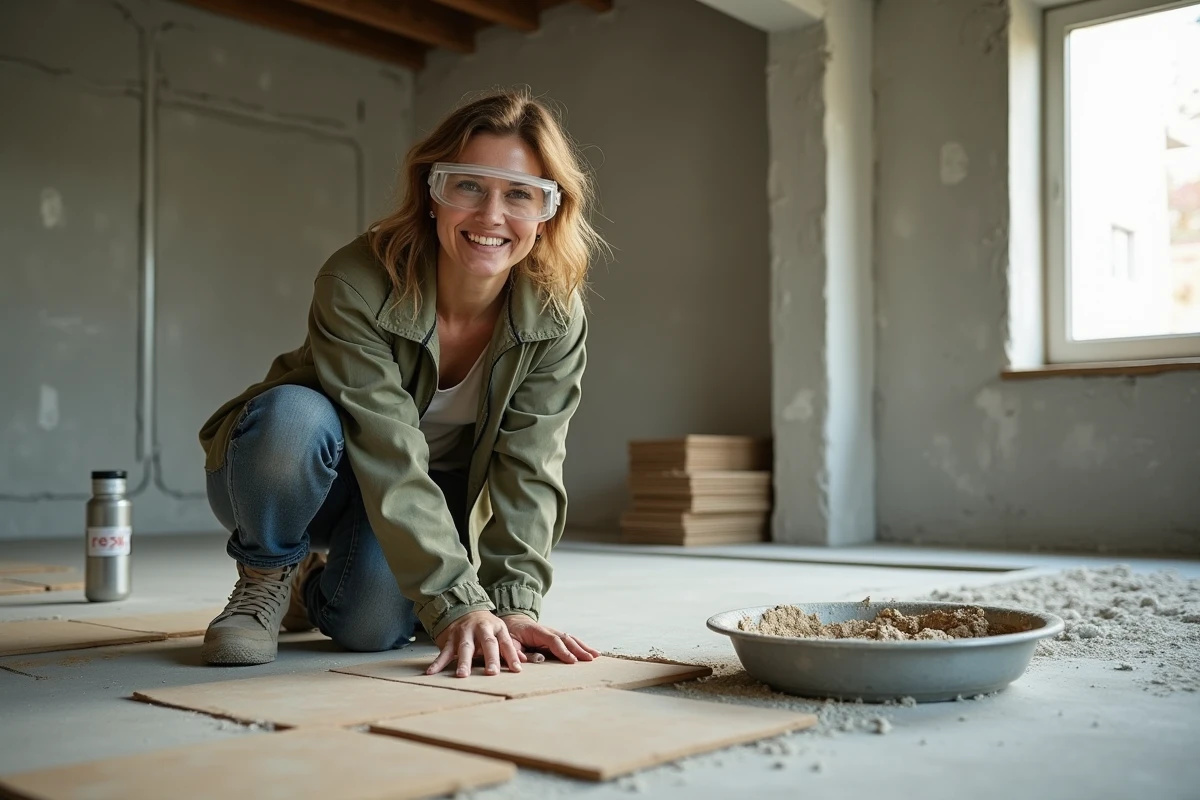 Entrepreneuse BTP posant du carrelage lors d'une rénovation intérieure de cuisine