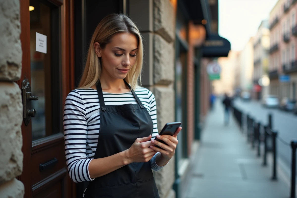 Responsable de boulangerie accédant à l'intranet Marie Blachère sur mobile devant l'entrée de service