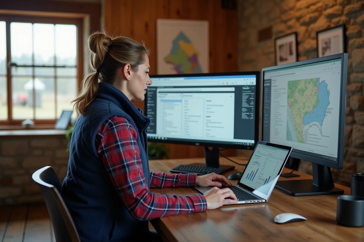 Responsable agricole comparant deux logiciels de gestion de ferme sur un bureau dans un bureau de ferme rustique