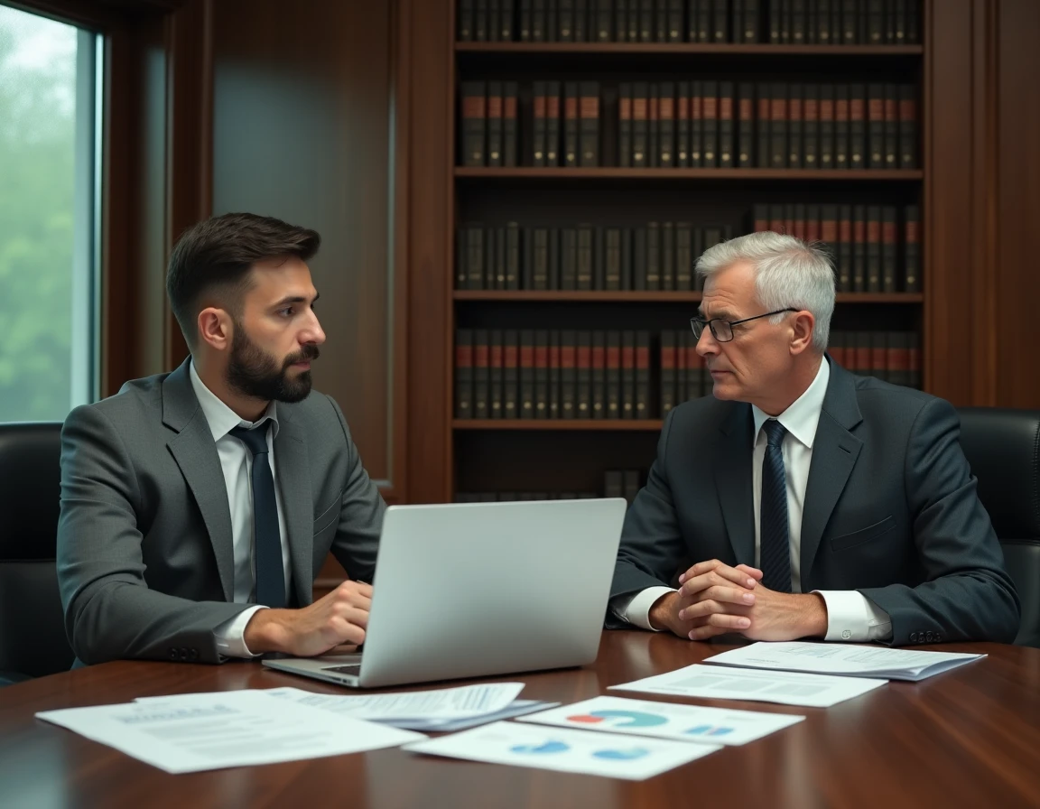 Deux professionnels du secteur des assurances discutent d'une offre de protection juridique numérique autour d'une table de réunion avec des documents et un ordinateur portable