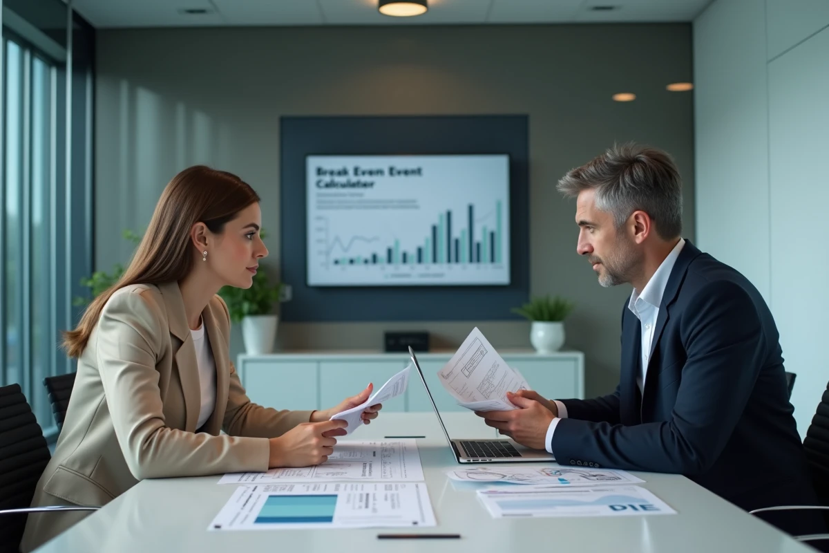 Deux professionnels B2B collaborant sur un calcul de seuil de rentabilité en salle de réunion d'entreprise