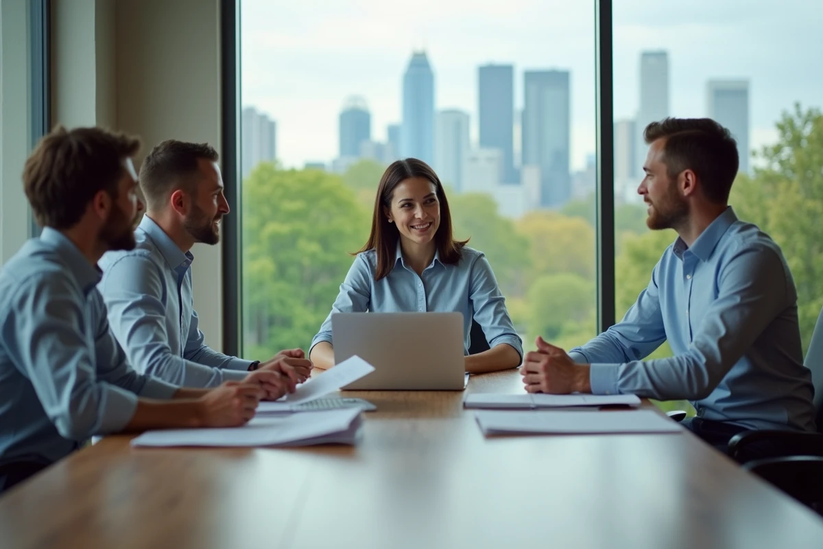 Groupe de consultants environnementaux en réunion au bureau