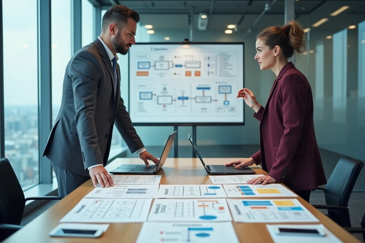 Deux professionnels RH discutant de l'intégration de solutions logicielles lors d'une réunion de travail
