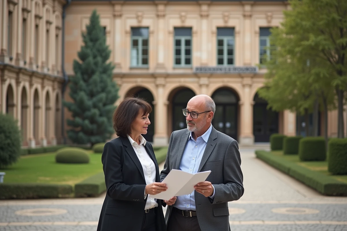 Deux porteurs de projet en discussion devant un bâtiment institutionnel régional pour comprendre les différences entre la CRESS Occitanie et la CRESS Midi-Pyrénées