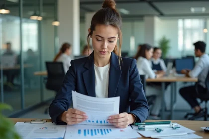 Jeune femme dans un bureau moderne du secteur tertiaire analysant des graphiques économiques pour réviser le bac