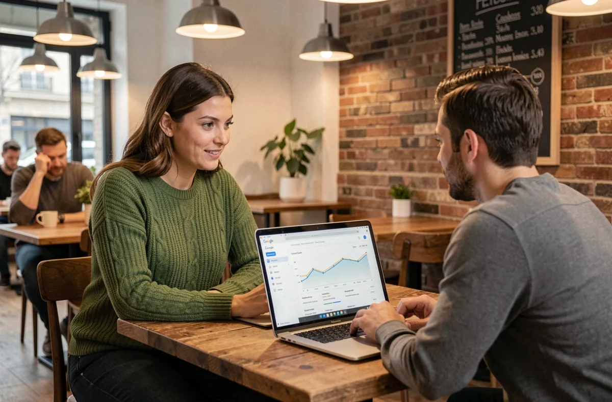 Consultante SEO de l'agence SEO Monkey accompagnant un dirigeant de PME dans l'analyse de son référencement naturel à Lille