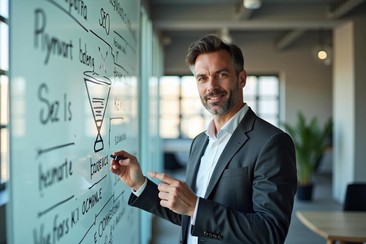 Spécialiste SEO e-commerce présentant une stratégie de référencement naturel sur tableau blanc dans un espace coworking