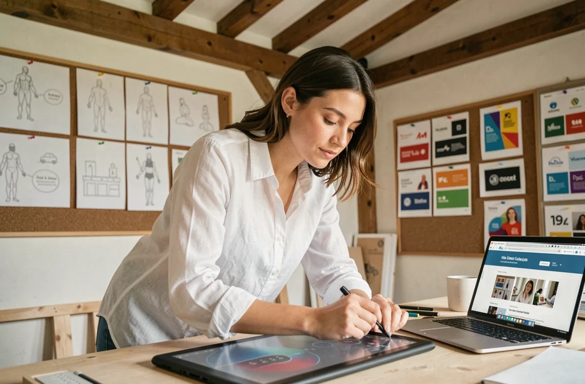 Designer graphique de StudioJae penchée sur sa tablette graphique dans un studio créatif avec des planches de design web au mur