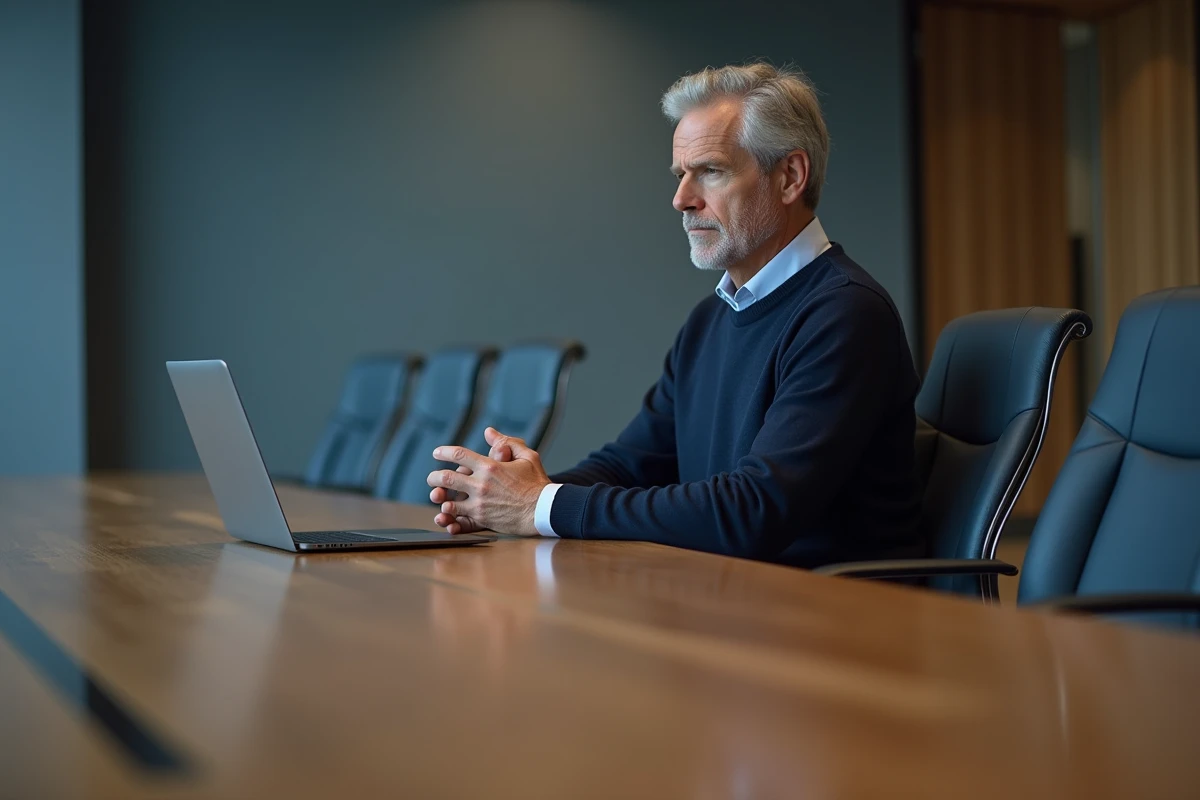Cadre supérieur en pull marine assis seul dans une salle de conférence d'entreprise, reflétant la solitude et la responsabilité du dirigeant succédant à une icône