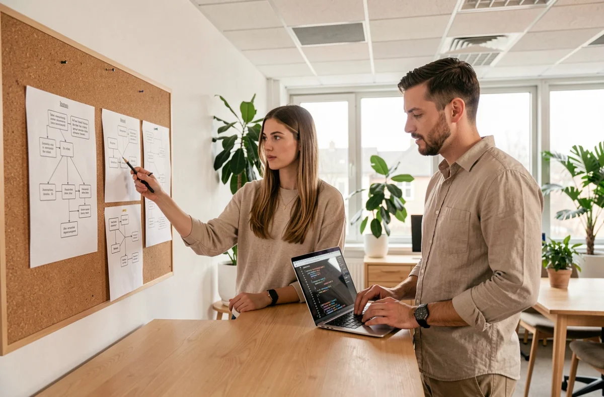 Chercheuse UX et développeur front-end de l'agence Symbioz collaborant sur des wireframes et du code dans un bureau moderne à Lille