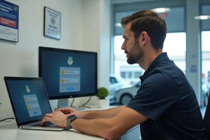Technicien de contrôle technique connecté à l'espace affilié Sécuritest sur un ordinateur portable dans un bureau professionnel