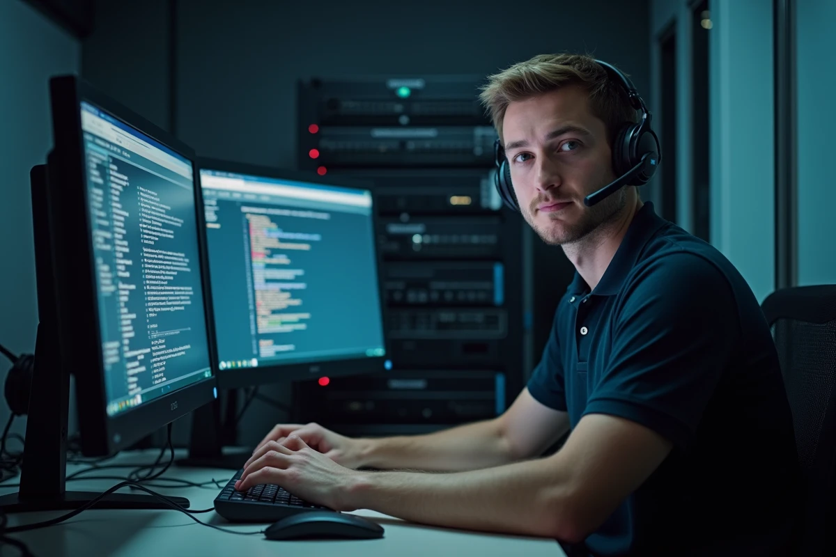 Technicien informatique analysant un problème de connexion réseau bloquée sur un poste de travail en entreprise