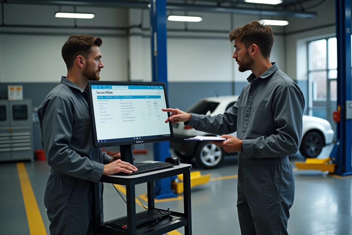 Deux techniciens Sécuritest consultant ensemble l'espace affilié sur un écran dans un garage de contrôle technique