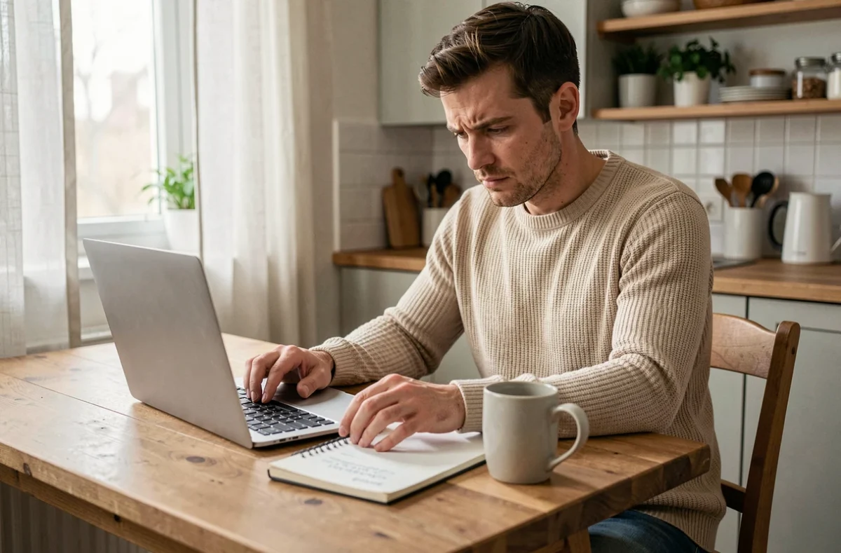 Homme en télétravail calculant ses congés trimestriels et heures supplémentaires depuis son domicile