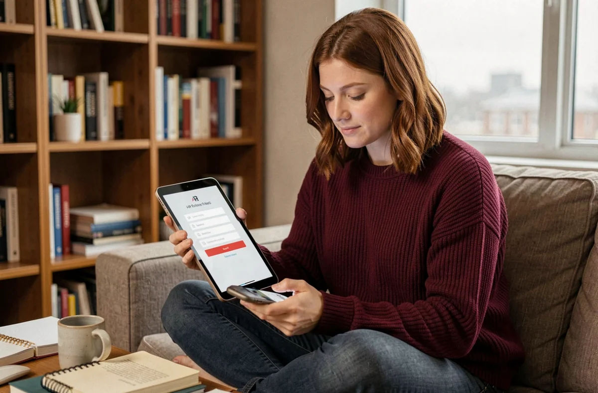 Employée en télétravail consultant une solution à un problème de connexion RH Desk sur tablette
