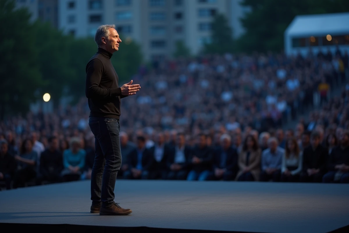 Dirigeant Apple en col roulé noir sur scène lors d'un keynote devant un large public, incarnant la transition vers un leadership propre à Tim Cook