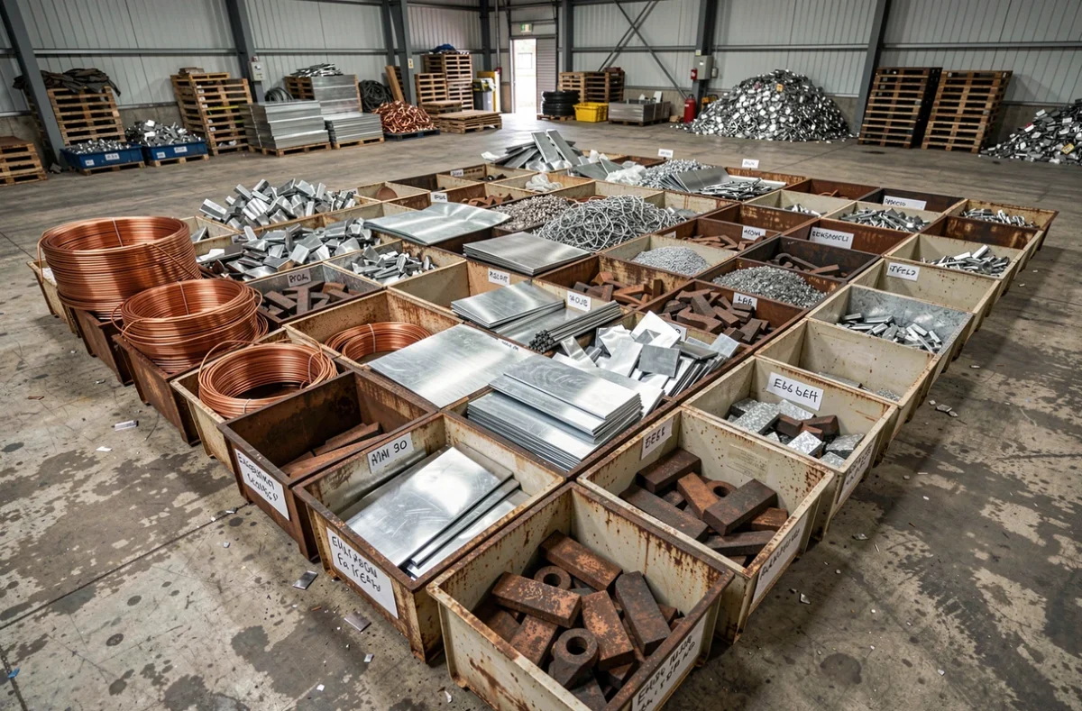 Différents types de métaux ferreux et non ferreux triés dans des bacs d'un centre de recyclage industriel
