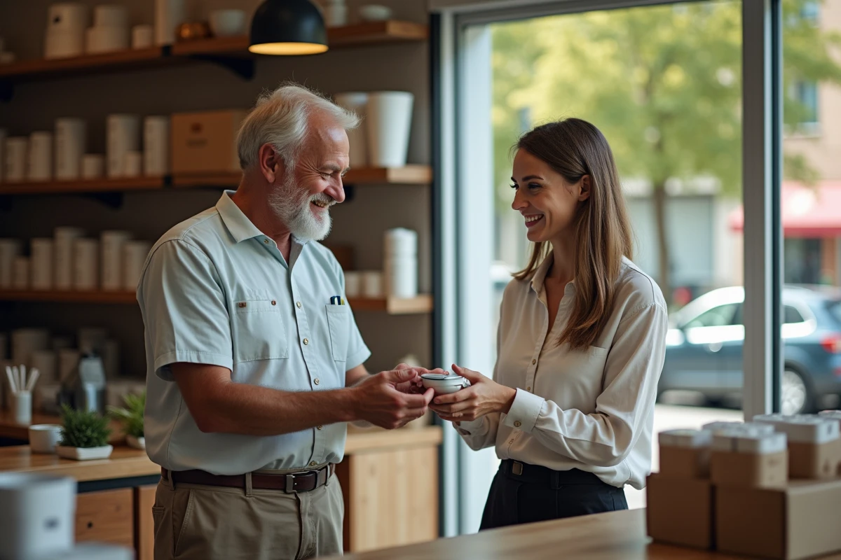 Vendeur expliquant un produit à une cliente dans un magasin