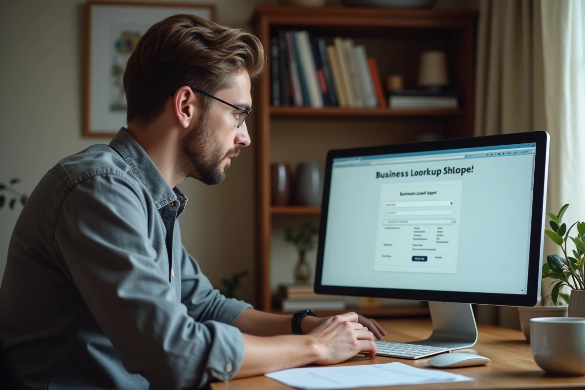 Entrepreneur vérifiant un numéro DUNS en ligne depuis son bureau à domicile
