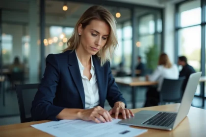 Professionnelle vérifiant un numéro DUNS sur un contrat commercial au bureau