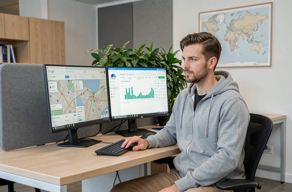 Spécialiste en référencement local et national de l'agence Wapiti analysant des données SEO sur deux écrans dans un bureau moderne