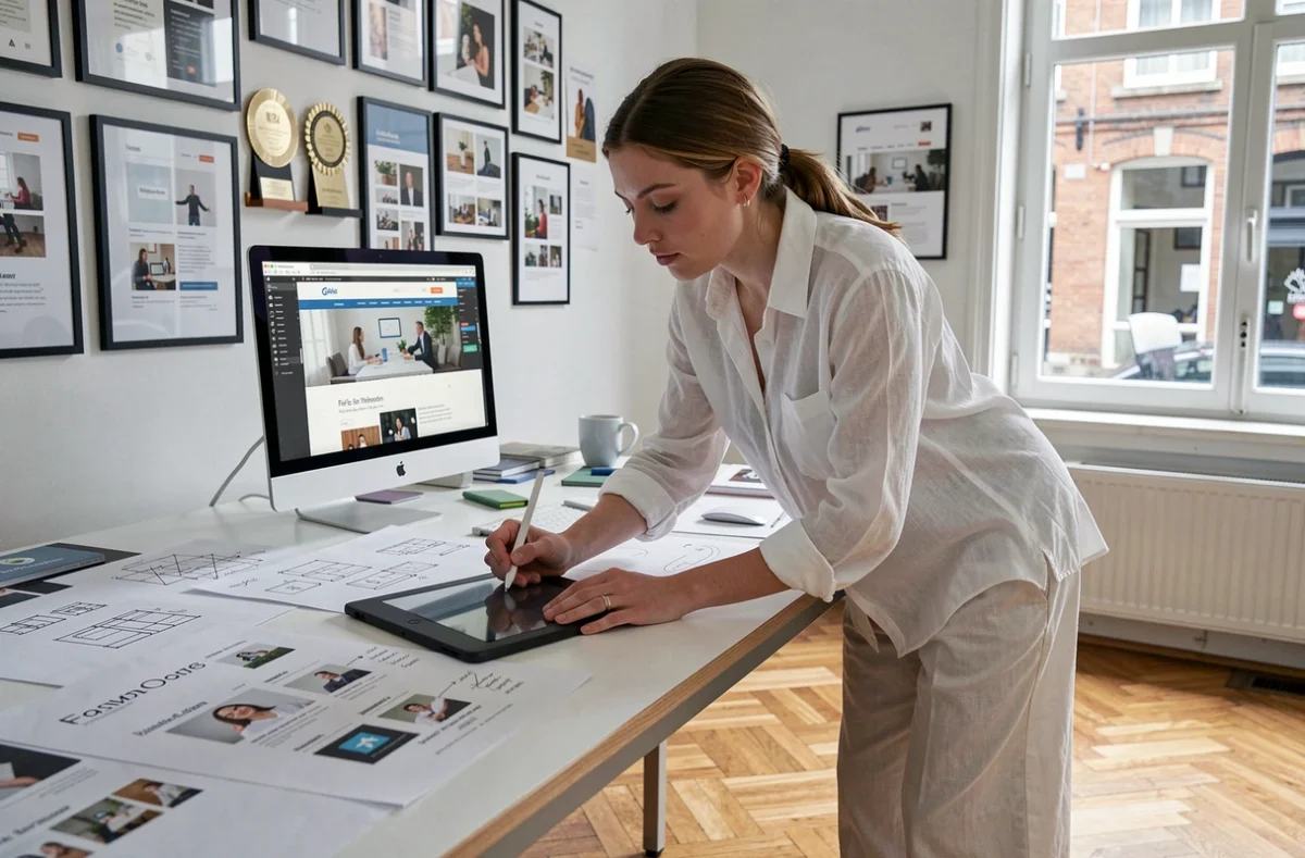 Designer UX-UI de l'agence Wokine travaillant sur des maquettes et wireframes de sites web dans un studio créatif à Lille